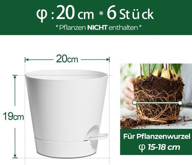 Пластиковий квітковий горщик T4U з системою поливу, набір із 6 самополивних кашпо з блюдцями, круглі кашпо для кімнатних та балконних садових рослин, сукулентів, кактусів (20 см, білий) 20 см білий