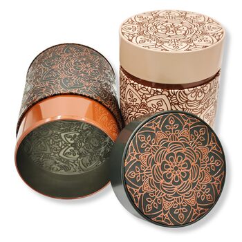 Бляшанка Мандала, 500 г кожна - набір з 2 шт. - майстерно лакована зі східними мотивами, кришка, що застібається - бляшанка для харчових продуктів, бляшанка для кави/чаю - Ø 11,5 см, висота 16,0 см, Мандала 500 г
