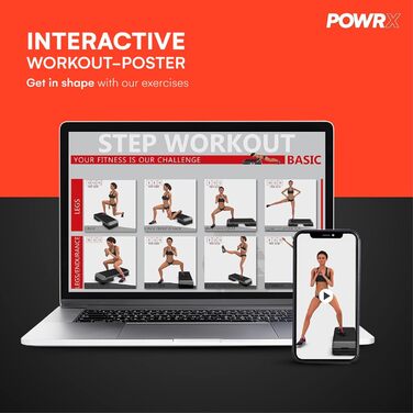 Професійний фітнес-степер POWRX Aerobics (89 x 34 см) Тренування на степері вдома або в тренажерному залі Регульована висота Нековзка поверхня Елегантний чорний колір