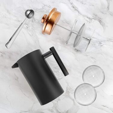Кавоварка MeelioCafe French PressThermo з нержавіючої сталі 0,35 літра, кавовий прес 350 мл (2 чашки) Маленький, ізольований кавовий фільтр з подвійними стінками, чорний чорний 350 мл