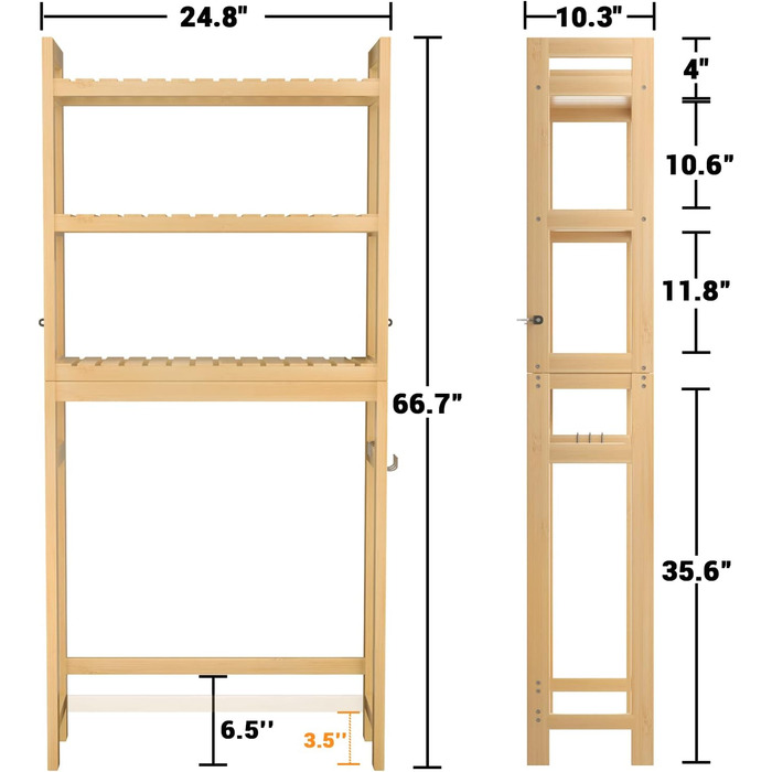 Для туалету, 3-рівнева бамбукова полиця для ванної кімнати з 3 гачками, над унітазом полиця-органайзер, окремостояча, для невеликих приміщень, туалету, пральні, легка збірка, натуральний матеріал