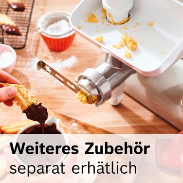 М'ясорубка Bosch MUZ5FW1, насадка для кухонних комбайнів серії 4, з штовхачем та перфорованим диском із нержавіючої сталі 4,5 мм, для м'яса, риби та овочів, легке очищення