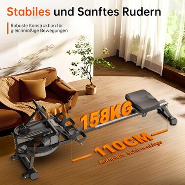 Гребний тренажер YAMO для домашнього використання, водний гребний тренажер для домашнього використання, 6-рівневе регулювання опору, підтримка Bluetooth, надзвичайно широке сидіння, вантажопідйомність до 158 кг, з тримачем для планшета YR35