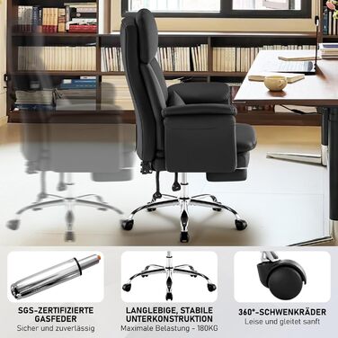 Офісне крісло Hellove з підставкою для ніг, стілець для роботи на колесах, ергономічне крісло для керівника з двошаровими підлокітниками, висока спинка, регульоване по висоті поворотне крісло для ПК, ігрове крісло для офісу/домашнього офісу, чорний колір