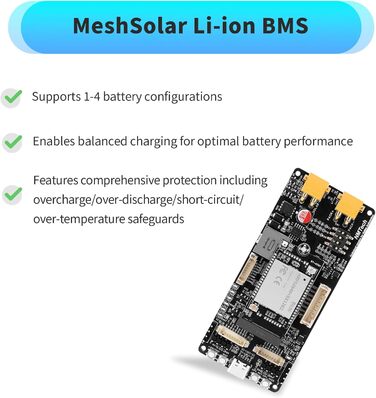 Плата розробки MeshSolar для підключення літій-залізо-фосфатних систем BMS BLE/LoRa, мікросхема nRF52840 MCU SX1262 LoRa. Підтримує Bluetooth та LoRa 868 МГц. Сумісний з літій-залізо-фосфатними акумуляторами Meshtastic.