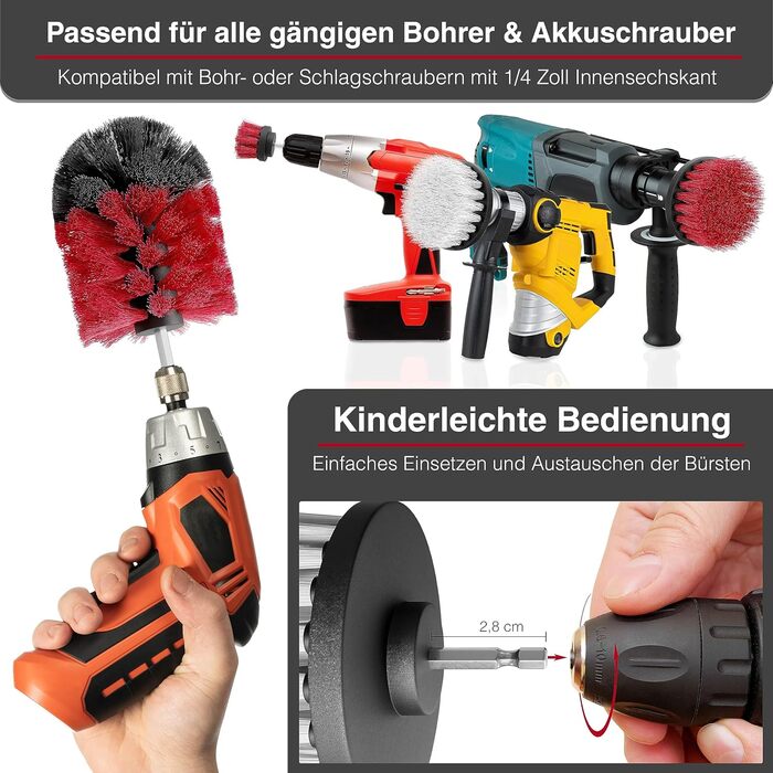 Щітка для акумуляторної дрилі м'які та жорсткі щітки Миттєво очищає автомобіль, оббивку, колісні диски, ванну кімнату - щітка для