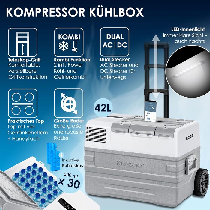 Електрична морозильна камера, 42 л З керуванням APP USB-з'єднання 12/24 В 230 В, телескопічна опора, 2 колеса холодильної камери Х