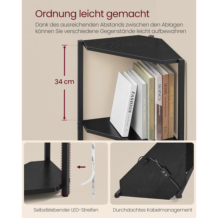 Кутова полиця VASAGLE з 5 полицями, книжкова полиця з регульованим світлодіодним освітленням, сталевий каркас, 24,8 x 48 x 146,6 см, для вітальні, спальні, кабінету, чорний колір Ebony LBC590B02