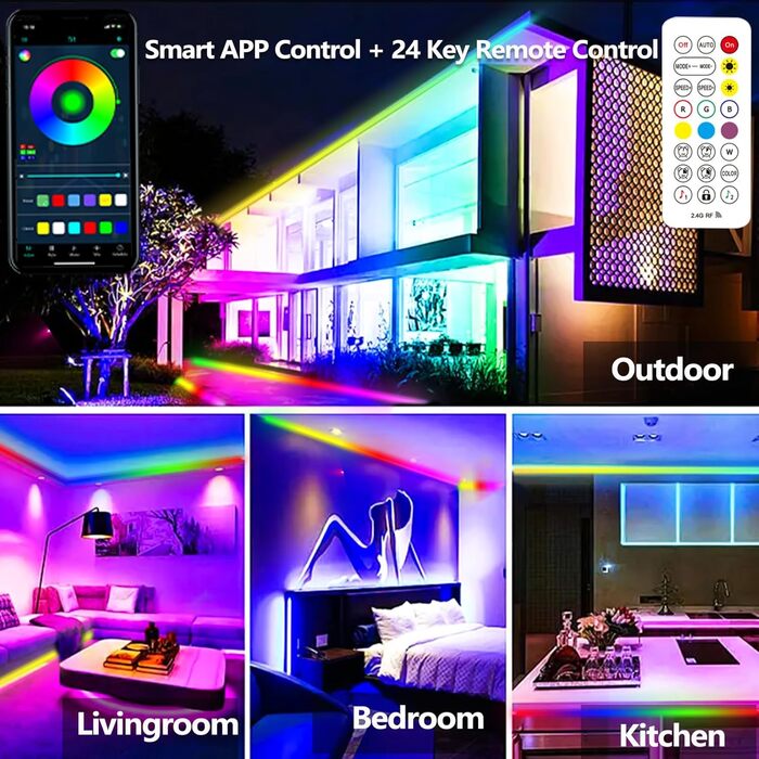 Світлодіодна стрічка RGBIC 10м, Водонепроникна IP68 для вулиці, Керування через додаток/пульт, Bluetooth-синхронізація з музикою для балконів, терас, дахів, садів, басейнів - 10м-IP68-LED