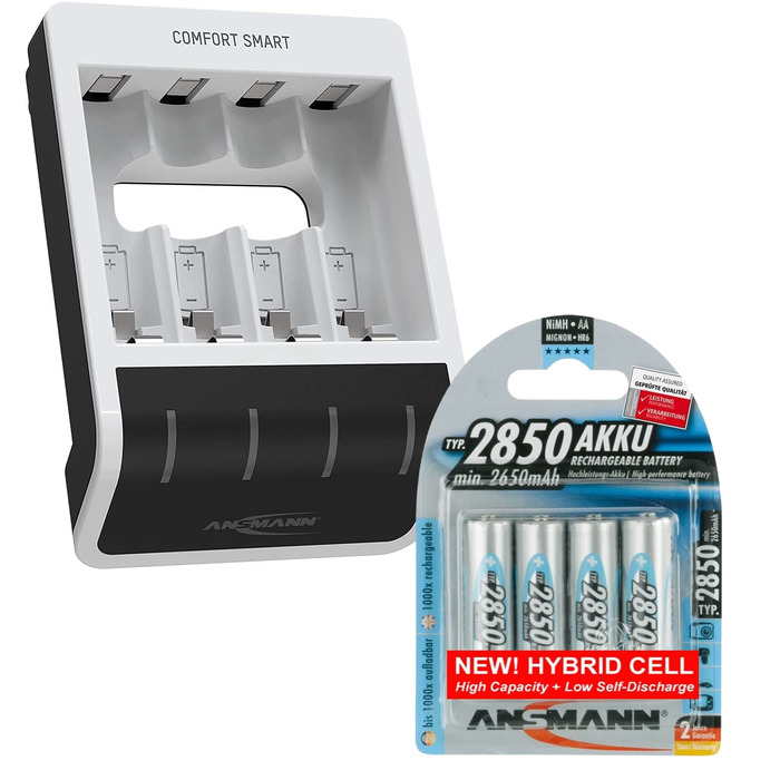 Зарядний пристрій Ansmann Comfort Smart для акумуляторів типу AA та AAA з 4 батареями типу AA ємністю 2850 мАг Швидка зарядка з функцією швидкої перевірки ємності У комплекті USB-кабель довжиною 1 м 3 роки гарантії, білий (1001-0092-02)