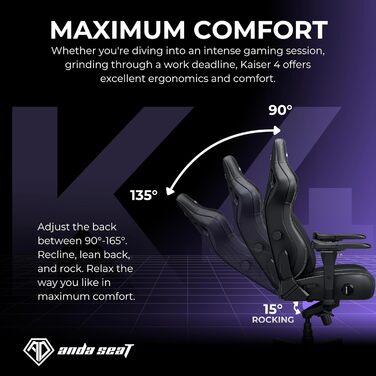 Ергономічне ігрове крісло Anda Seat Kaiser 4 - велике ігрове крісло для дорослих з 4-рівневою поперековою опорою, лляною тканиною, підтримкою шиї та спини, ігрове крісло чорного кольору з тканини великого розміру