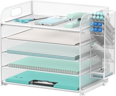 Рівневий органайзер для столу з ручкою та знімними тримачами для ручок, сітчастий органайзер для паперу/файлів на столі, лоток для листів та канцелярського приладдя (білий) Білий 1, 5-