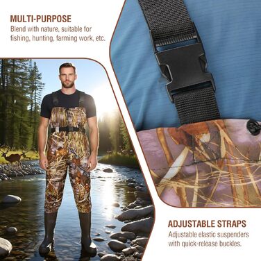 Чоловічі водонепроникні вейдерси, рибальські штани з нейлону/ПВХ з чобітьми, дихаючі вейдерси для риболовлі, полювання, миття автомобіля, фермерства, садівництва, водних видів спорту та активного відпочинку, розмір 40, камуфляж