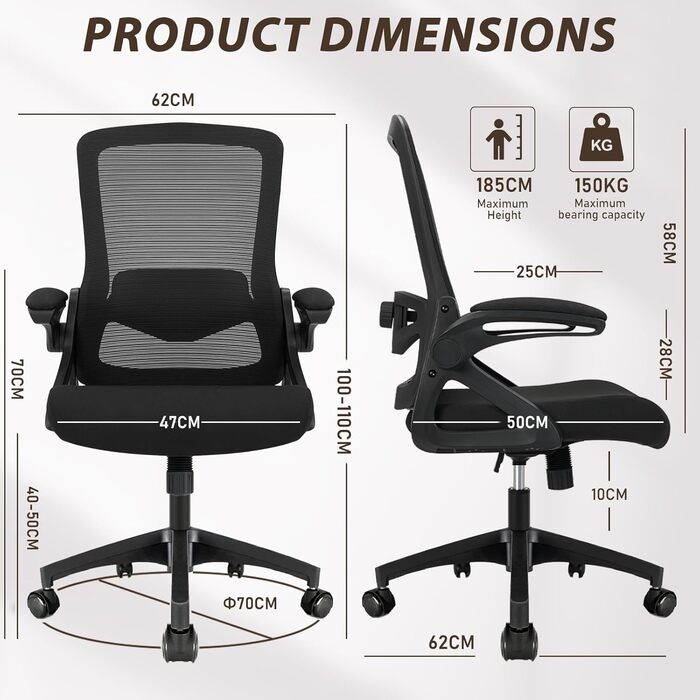 Ергономічне офісне крісло, стілець для роботи з відкидними підлокітниками, регульоване по висоті офісне крісло з регульованою поперековою опорою та безшумними колесами, крісло для керівника, вантажопідйомність 120 кг