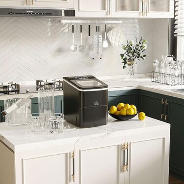 Машина для приготування кубиків льоду HOMCOM, льодогенератор 9 кубиків льоду за 8 хвилин, 12 кг/24 години, льодогенератор з резервуаром для води 2 л, функція самоочищення, LED-дисплей, для кухні, офісу, бару, вечірки, чорний