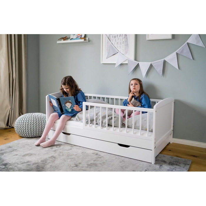 Дитяче ліжко Kids Collective 70x140 см з шухлядою, рейковою основою та захисними поручнями білого кольору, з ящиком для ліжка, Зроблено в Європі. Дитяче ліжко до 6 років 70 x 140 см без матраца, біле.