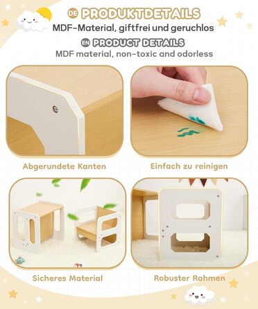 Комплект столу та стільців Yorbay для дітей, Дитячий стіл з 1 стільцем, Комплект дитячих сидінь 3-в-1 - Двосторонній стілець та дитяча лавка, що трансформується в робочу станцію, Дитячі меблі (Натуральний, M) Натуральний середній