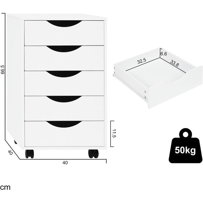 Контейнер на колесах WOLTU з 5 шухлядами, мобільна шафа для документів на колесах, блок з шухлядами, офісна шафа, офісний контейнер, тумба для столу, для домашнього офісу, білий, 40x66,5x40 см, ASK14ws