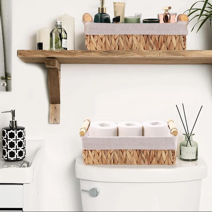 Плетені кошики для зберігання з ручками, комплект кошиків для ванної кімнати з 2 предметів з ротанга, плетені кошики з полицями ручної роботи, кошик для зберігання рушників та туалетного паперу, водяний гіацинт