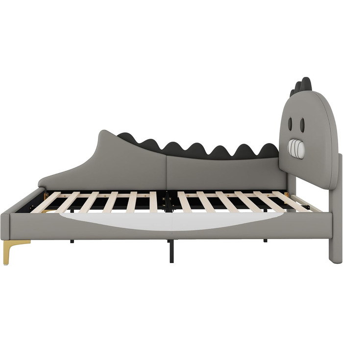 Ліжко 140x200 з рейковою основою, дитяче двоспальне ліжко, форма динозавра, каркас ліжка, молодіжне ліжко, ліжко для хлопчиків та дівчаток, ПУ, без матраца, 140 x 200 см, сірий