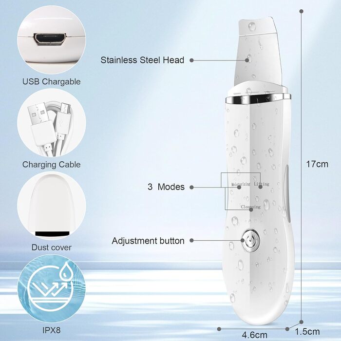Режими ультразвукового пілінгу, очищувач пір, шпатель для шкіри обличчя, ультразвуковий скраб для шкіри з USB-зарядкою для жінок і чоловіків усіх типів шкіри, 3