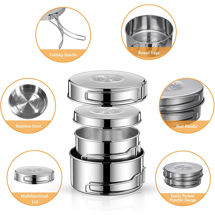 Набір посуду для кемпінгу, відкритий, 2-3 особи, горщик з нержавіючої сталі з посудом, каструля, складна кемпінгова посудина, тарілка для пікніка, походів, кемпінгу, походів, срібного кольору