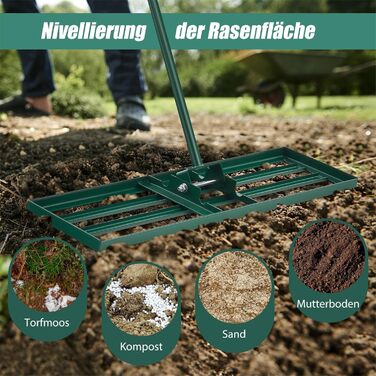 Грабля-рівнялка для газону з ергономічною ручкою 170 см, металеві граблі преміум-класу для догляду за газоном (91 см x 25 см), зелені