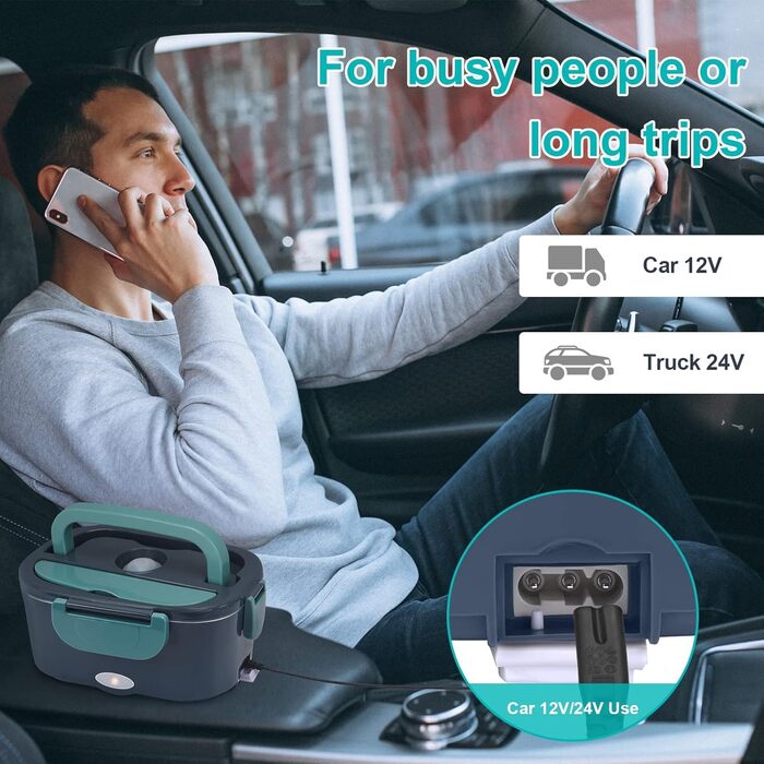 Електричний ланч-бокс XREXS, 3 в 1 (12 В/24 В/220 В) 60 Вт 1,5 л підігрівач їжі для автомобіля, електричний ланч-бокс з нержавіючої сталі/вантажівки, для дому, кемпінгу, портативний підігрівач бенто 60 Вт з виделкою та ложкою