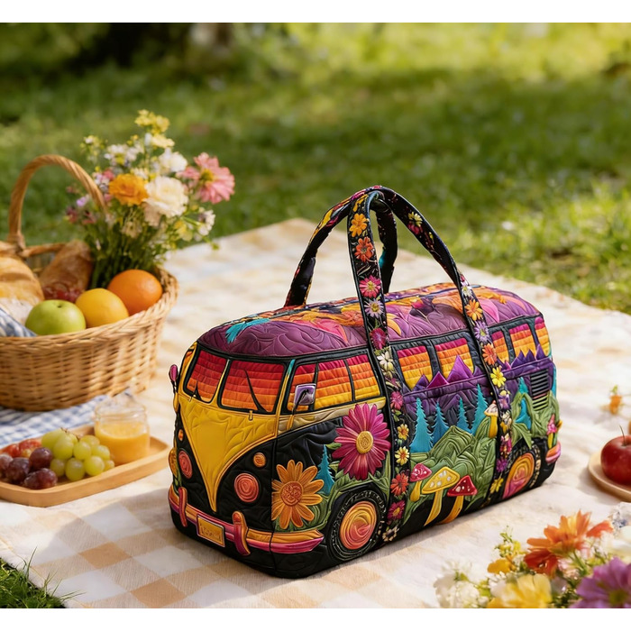 Дорожня сумка TIAASTAP Hippie Van VW Bulli - барвиста богемна стьобана сумка для вихідних зі знаком миру та ромашками, стьобана дорожня сумка, сумка для кемпінгу для свят, карнавалу та вечірок 3