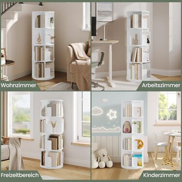 Поворотна книжкова полиця на 360 градусів, 4 яруси, 16 відділень, стояча полиця, поворотна полиця, офісна полиця, декоративна полиця, полиця для зберігання, для вітальні, спальні, офісу, дитячої кімнати, біла, 44xH127,4 см 0044SHG 44 x 127,4 см ( x h) біл