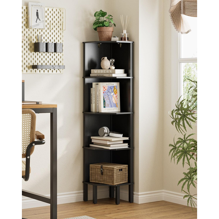 Кутова полиця, кутова книжкова полиця з 5 полицями, полиця для рослин, полиця для зберігання речей у вітальні, офісі, спальні, 127x29x29 см, чорна
