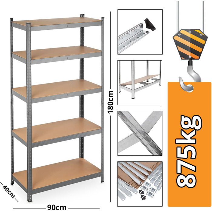 Міцний стелаж 180x90x40 см, металевий стелаж для підвалу та гаража, 5 полиць з МДФ з регульованою висотою, до 875 кг, вставний стелаж, оцинкований, роздільний