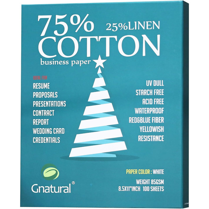 Бавовна, 25 лляний папір, 85 г/м, папір для лазерного друку, формат A4, білий, 100 аркушів водонепроникний бавовняний папір, 75