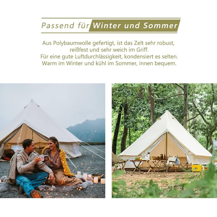 Намет TOMOUNT Bell 3 м 4 м Глемпінговий намет для 3-6 осіб Бавовняний сімейний намет Кемпінговий намет Намет-тіпі Пірамідальний намет для груп, сімей, кемпінгу на свіжому повітрі, вечірок 4 м