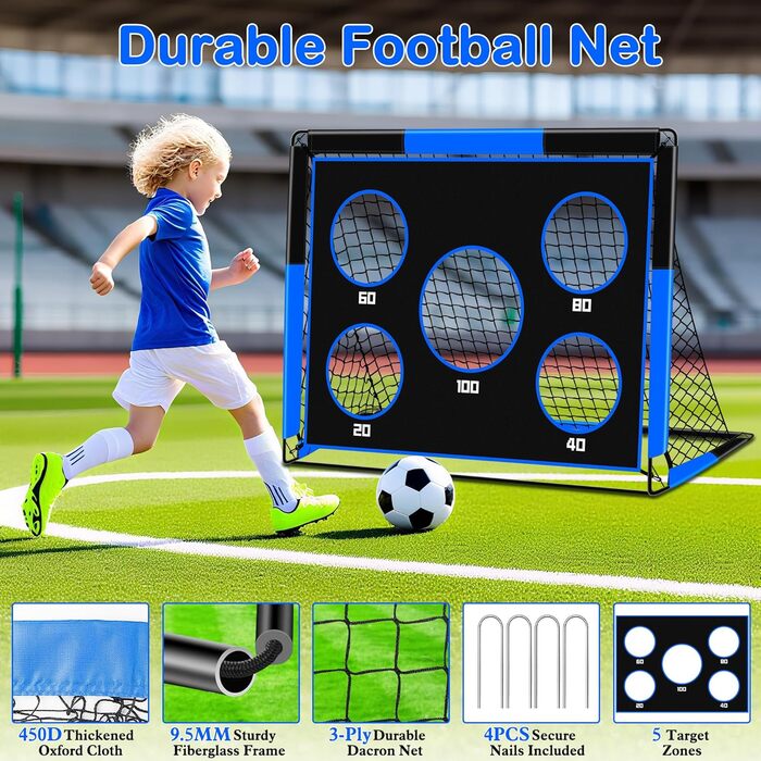 Футбольні ворота 2-в-1 для дітей, 150 x 120 см, портативні та стабільні футбольні ворота з 5 зонами для удару, 4 кріпленнями для землі та 1 сумкою для перенесення, стабільні для саду, парку, пляжу, сині 150 x 120 x 120 см
