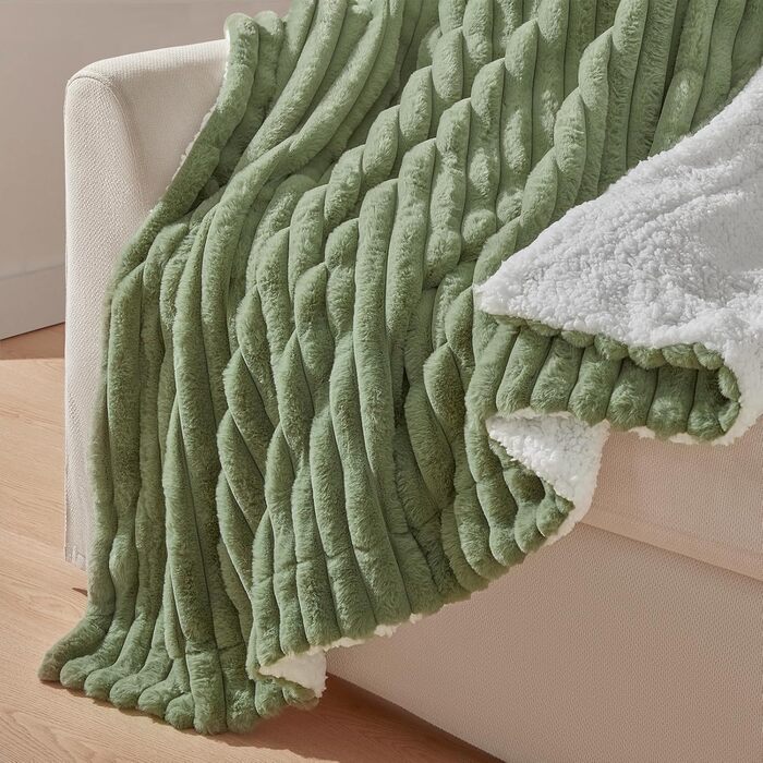 Товста плюшева ковдра Tofinel, пухнаста, 150x200 см - Маленька шерпа ковдра, шавлієво-зелена та ковдра для дивана, ковдра з імітації вовни, портативна тепла пухнаста пледка для вітальні та пікніка, флісова ковдра, 150x200 см, шавлієво-зелена 1