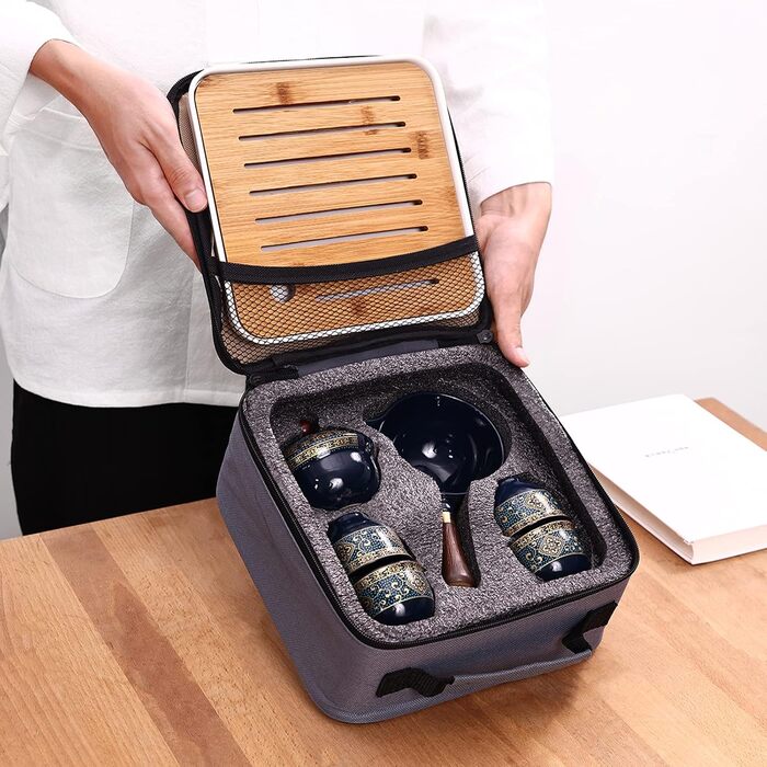 Набір для чайної церемонії Лурьєр, порцеляновий, з обертовим чайником на 360 та ситечком, портативний, в подарунковій сумці ідеальний подарунок для подорожей, дому та відпочинку на природі, блакитний з квітковим орнаментом