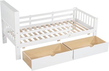 Дитяче ліжко 90x200, дерев&39яне ліжко з шухлядами та дошкою для малювання, узголів&39я з книжковою полицею та поручнями, ліжко з рейковою основою та місцем для зберігання речей, дитяче ліжко, функціональне ліжко, дерев&39яний каркас ліжка, без матраца, б