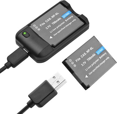 Зарядний пристрій NP-6L з USB-портом, батарейки та зарядний пристрій зі світлодіодним індикатором, 2 батарейки 3,7 В 700 мАг з USB-кабелем для заряджання