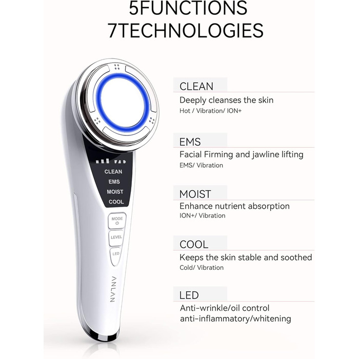 Масажер для обличчя, ANLAN 5в1 масажер для обличчя проти зморшок світлодіодний масажер світлотерапії масажер для обличчя тепло прохолодна вібрація EMS пристрій для обличчя підтяжка обличчя проти зморшок антивіковий пристрій для очищення обличчя синій