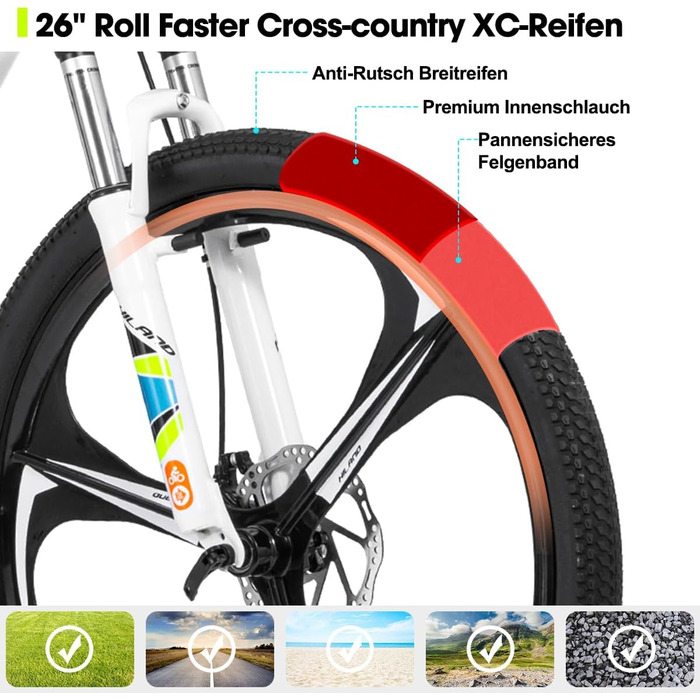 Гірський велосипед для дорослих HILAND H200 26 дюймів, 21 швидкість, подвійні дискові гальма, колеса 3/6 спиць, алюмінієва рама, чоловічий та жіночий велосипед, доступні різні кольори білий - 6 спиць