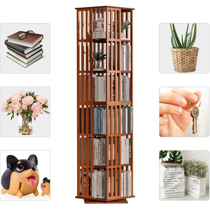 Книжкова полиця, що обертається на 360, з 5/6-ярусною бамбуковою полицею для зберігання, підлогова книжкова шафа-стійка, вітрина для дітей та дорослих, вітальня, кабінет, офіс (6 полиць)