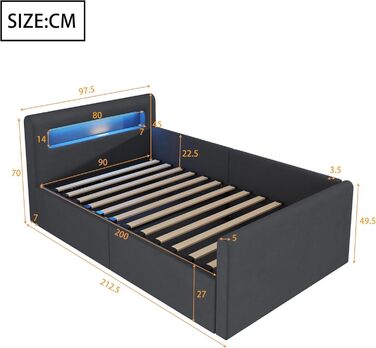 Дитяче ліжко okwish з м&39якою поверхнею, 90x200 см, дитяче ліжко з гідравлічним відділенням для зберігання, світлодіодним нічником та USB-портом, оксамитова тканина, темно-сірий колір, без матраца, темно-сірий 90 x 200 см