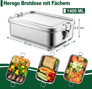 Ланчбокс Herogo з роздільниками, 1400 мл, нержавіюча сталь, для дітей та дорослих. Ідеально підходить для школи, пікніка та роботи. З гнучкою перегородкою та герметичною кришкою.