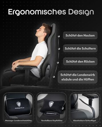 Ігрове крісло Dowinx з 4D підлокітниками та функцією гойдання 15, регульоване масажне ігрове крісло на 165, ергономічне ігрове крісло, гоночний дизайн для геймерів та кіберспорту, вантажопідйомність 135 кг, сірий колір