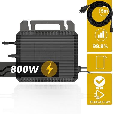 Двофазна балконна електростанція SUNNIVA 1000 Вт, повністю чорна, в комплекті з розеткою, інвертором MARSTEK 800 Вт, фотоелектричною сонячною системою, 2 сонячними модулями зі скла по 500 Вт, включаючи кабель 5 м, Bluetooth WIFI, повний комплект 1000/800 