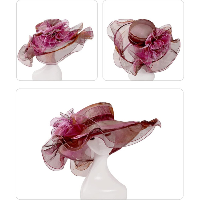 Жіночий капелюх жіночий органза церковний чарівник весільний сонцезахисний капелюх чаювання капелюх із широкими полями сонцезахисний капелюх із великими полями пляжний капелюх органза капелюхи церковний капелюх M рожевий