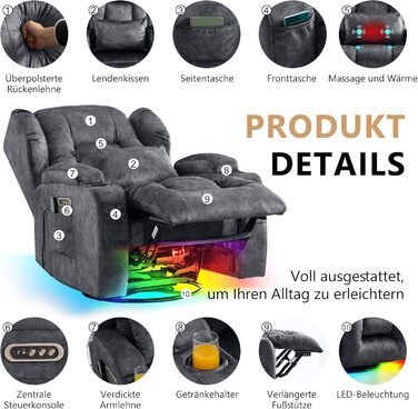 Моторне електричне регульоване крісло-реклайнер з функцією нахилу, поворотне крісло для телевізора з масажем та підігрівом, крісло для кінотеатру з USB/LED/Type C, до 150 кг (оксамитово-сірий, 1) Оксамитово-сірий 1, 2-