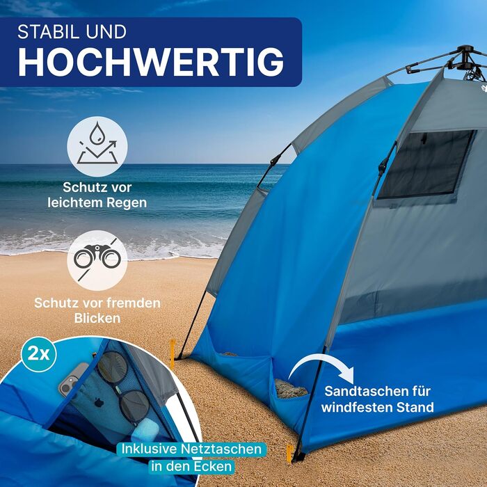 Автоматичний пляжний намет EXPLORER із захистом від ультрафіолету 80 190x100x110 см Компактний розмір, легкий та швидке встановлення за лічені секунди, пляжний намет, сонцезахисний козирок, автоматичний вітрозахисний козирок, синій