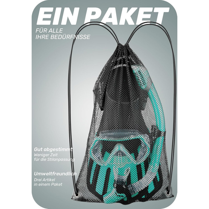 Набір для підводного плавання CAPAS з ластами, спорядження для підводного плавання дорожнього розміру для дорослих з короткими регульованими ластами, високоміцною маскою для дайвінгу та трубкою Dry Top, з сумкою для перенесення L/XL (42/47) зелено-чорний